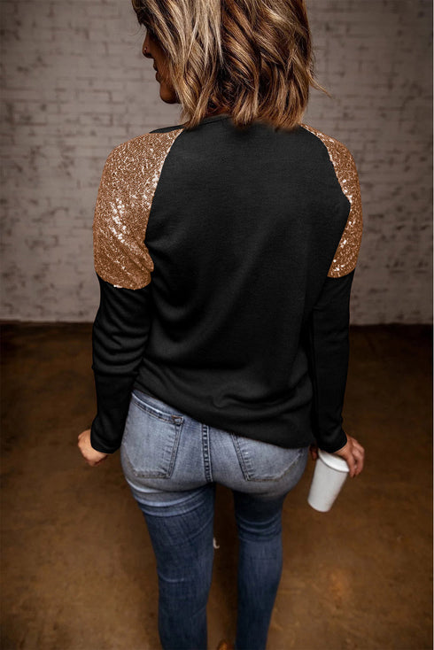 Black Merry Christmas Sequin Patchwork Long Sleeve Top